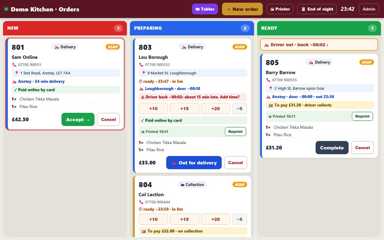 The Digital Chicken order board: new orders, orders being prepared with their ready and door times, and orders out for delivery