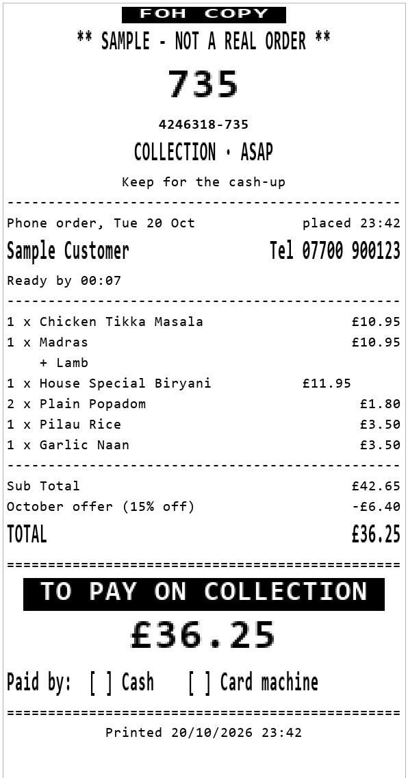 A front-of-house copy with prices, total, and the amount still to pay