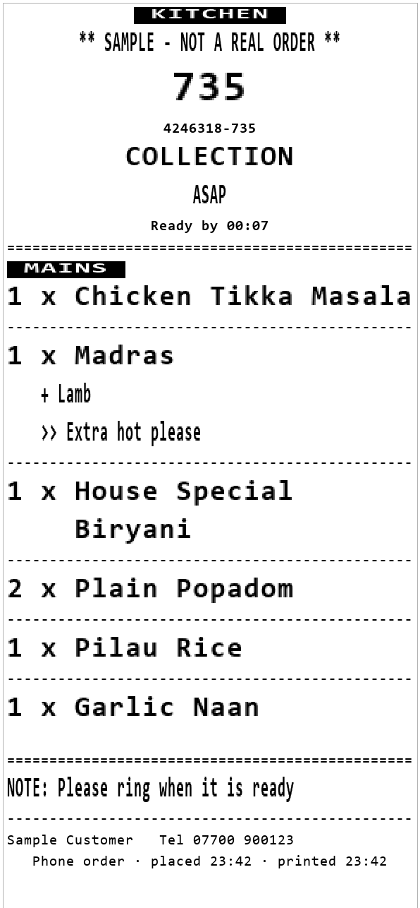 A kitchen ticket: order number, collection, ready-by time, and each dish in large type