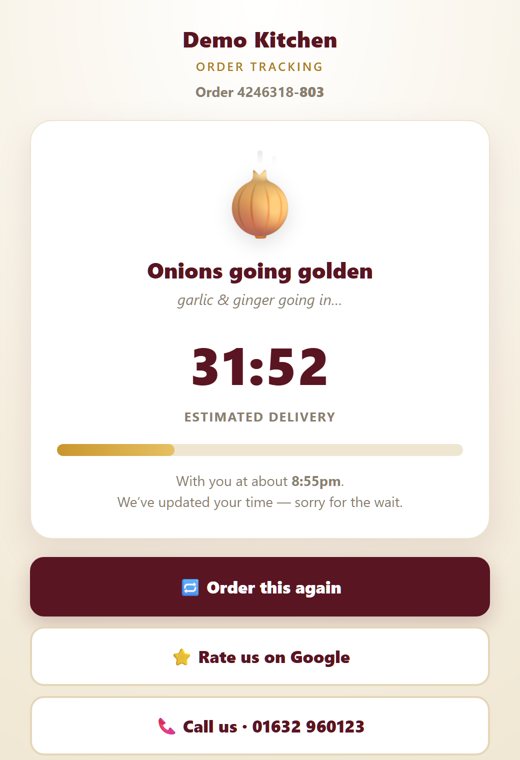 The customer's tracking page: estimated delivery countdown and the time it will arrive